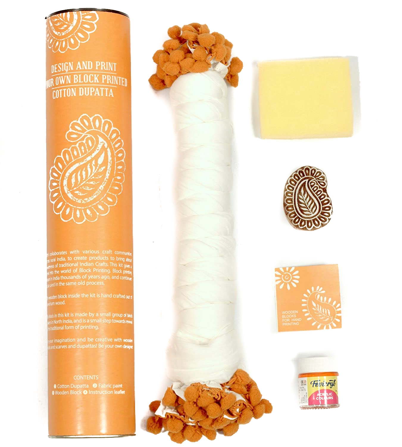 POTLI DIY Craft Kit (for All Ages) Block Print Your Own Dupatta - Paisley Design (Orange)